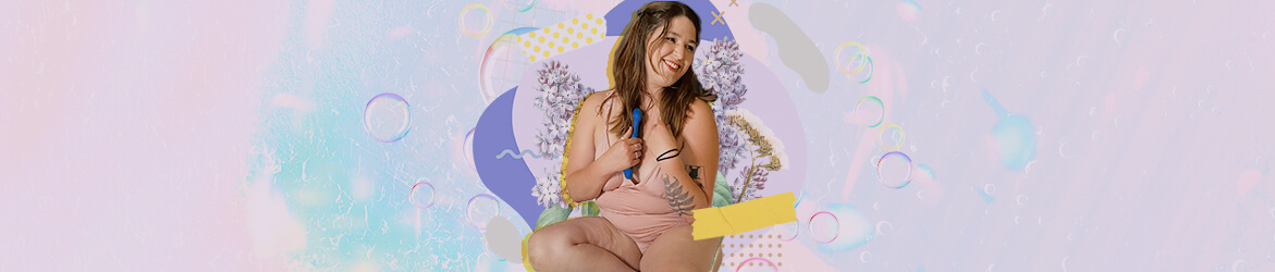 Long For Website A person in a soft pink lingerie outfit smiles while holding the Sway by Lora diCarlo. They sit in front of an abstract background of lavendar and aqua, with lilac flowers behind them and pieces of yellow tape as visual accents.