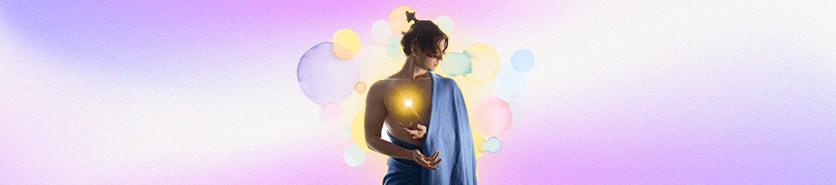 Long Banner Website A person wrapped in blue fabric stands in front of a background made of abstract colors overlapping and blending into one another. The person's hands are outstetched, with one holding a glowing orb that floats above their hand.